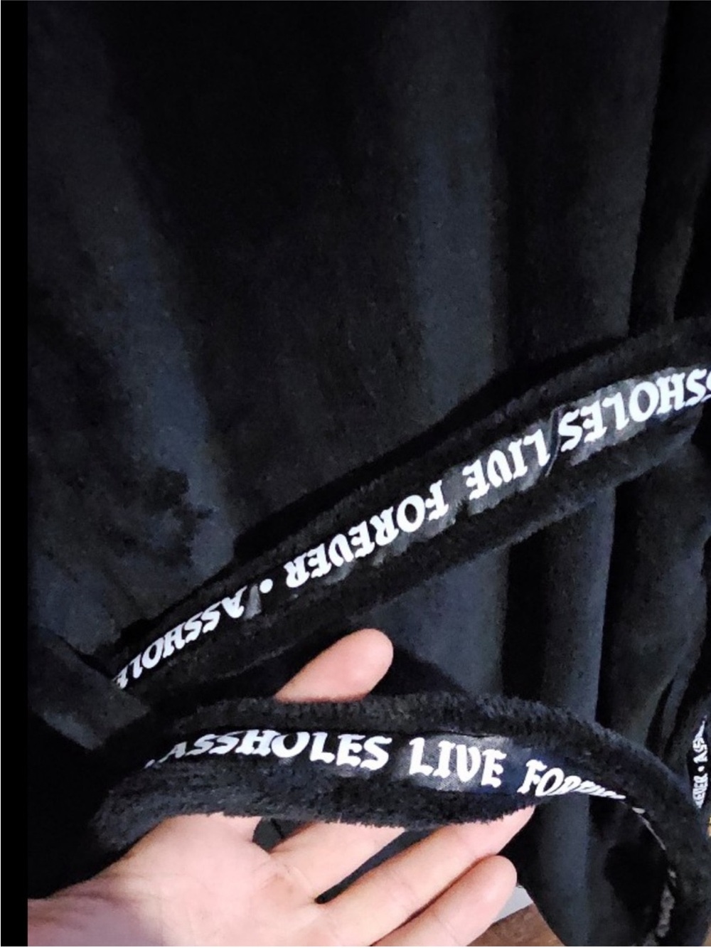 Black Plush Assholes Live Forever Long Robe - Picture 5 of 8